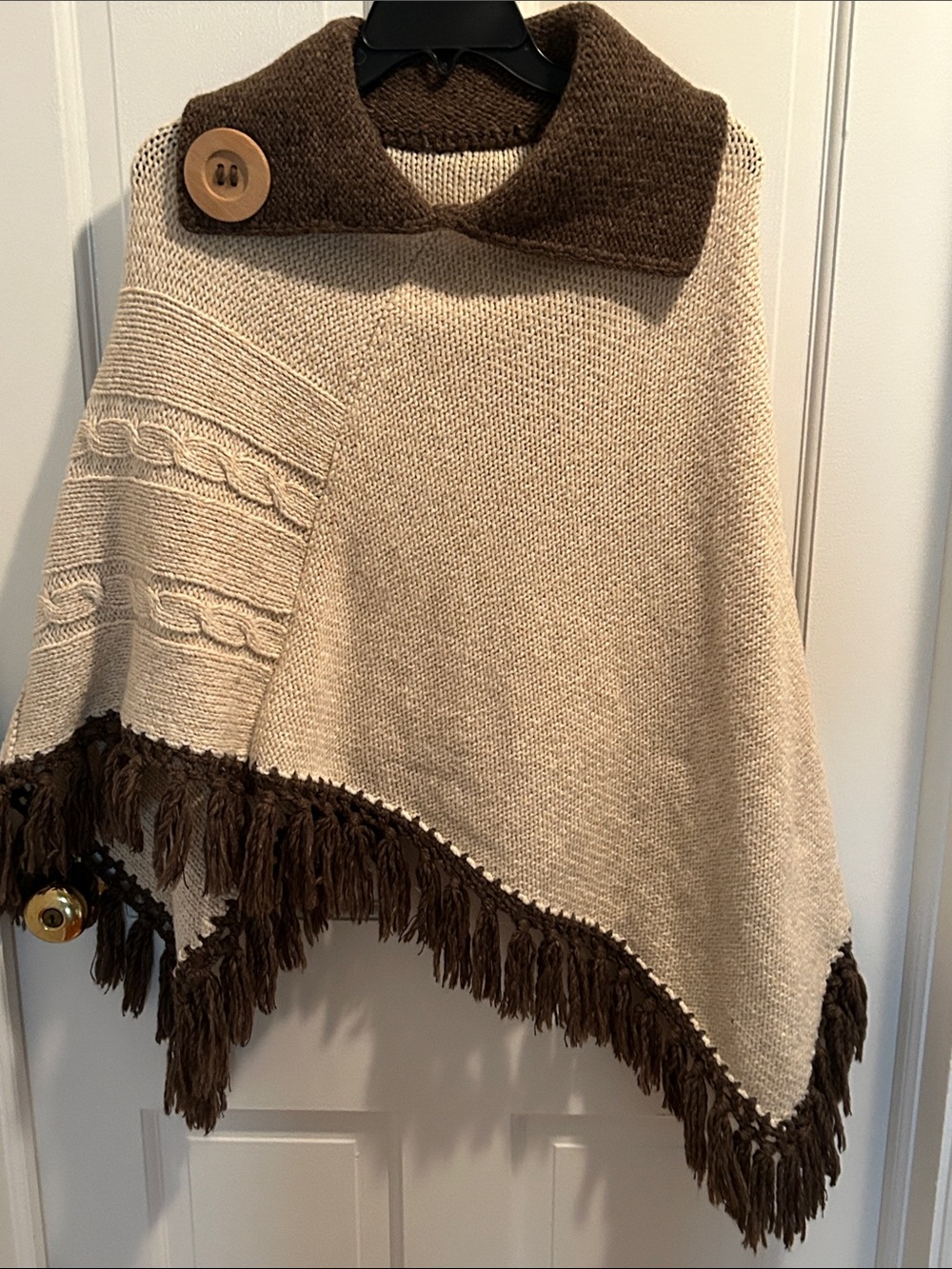 Fringe-Trim Knit Poncho with Button Collar in Cream & Brown